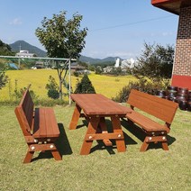 [파라솔테이블] 엉클트리 방부 방수 야외 테이블 야외용 원목 세트 정원 벤치 평상 옥상 정원 마당 탁자 파라솔 별매, 일체형 야외테이블 4인용 무도색