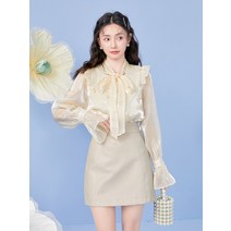 나팔소매블라우스 MG 작은상 우아한 여성 스타일리쉬 자수 작은꽃 나비넥타이 상의 트렌드 2250122255