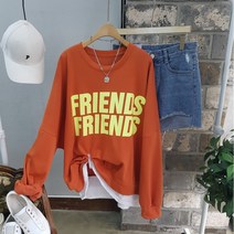 상상그이상 여성용 국내제작 간절기 프렌즈 레이어드 맨투맨 발포 레터링 빅사이즈 오버핏 롱티셔츠