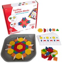 Edxeducation FunPlay 패턴 블록 - 아동용 홈스쿨 키트 - 나무 수학 교구 60개 세트 + 50가지 활동 + 지저분한 트레이