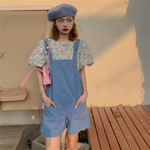 꽃소담 여자 벌룬 반팔셔츠+멜빵 반바지 투피스 QQA365