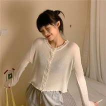 퐁순싸롱 간절기 볼레로 얇은 레이스 핑크 골지 니트 가디건 YJ
