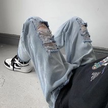 남성 봄과 가을 하이 스트리트 루즈한 스트레이트 핏 팬츠 루즈한 찢어진 청바지