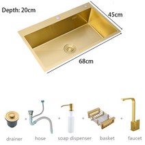 싱크대 개수대 인테리어 세면대 brushed gold kichen sink 304 스테인레스 스틸 싱글 그릇 위 카운터 또는 udermount 싱크 주방 두께 주방 싱크 6, 2-협력사, 68x45cm