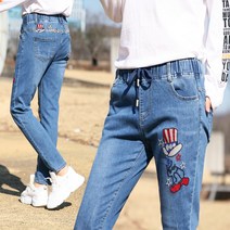 동대문스타일 여성 밴딩 스판 청바지 빈티지 슬림일자 엉클 샘 모자 자수 여자 데님 팬츠