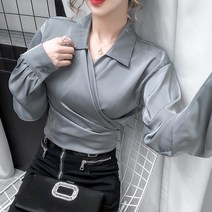 새틴 스트랩 아우터 긴팔 모던룩 미니멀 여성 크로스 랩 블라우스 파인 셔링 끈 데이트룩