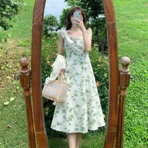 빅사이즈 프렌치 티타임 스몰 후레쉬 플라워 원피스 여 여름 스몰 소매 허리 여밈 날씬해 보이는 미디스커트