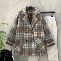 블렌드 체크 더블 단추 하프 코트