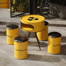 깡통 드럼통 수납 테이블 의자 세트, 레드 테이블1+의자4