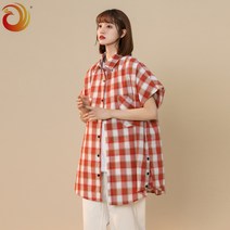 여름 스타일 2022 중립 바람 조끼 격자 무늬 버튼 슬릿 셔츠 남성과 여성 대형 셔츠 컨트롤