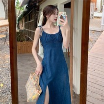 (바니뉴욕) 5XL까지-가슴 셔링주름 어깨끈 청데님 롱원피스 주말코디 캠핑 바캉스룩