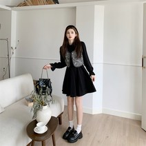 빅사이즈 통통 MM 가을 스몰향풍 조끼 프렌치룩 햅번 원피스 투피스녀