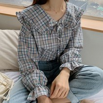 배색 체크 빅카라 세라 블라우스