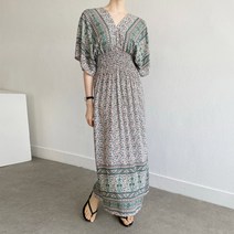 브이넥 스모크 꽃무늬 에스닉 맥시 롱 원피스