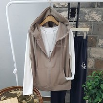 상상그이상 여성용 국내제작 해피니스 후드조끼 귀여운 레이어드 코디 자수 레터링 포인트 루즈핏 간절기 가벼고 부드러운 특양면 후드 베스트