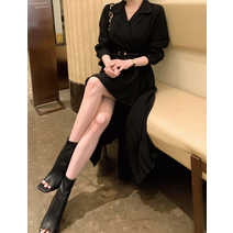 피앤 벨트 랩 롱 플리츠 카라 원피스