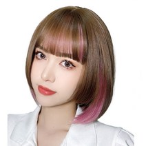 하이유니 솔라 히메 단발 통가발 30cm, 쿨브라운+피치핑크 - 통가발+거치대+가발망