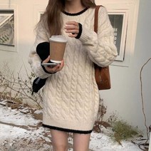 배색 라인 꽈배기 루즈핏 미니 니트 원피스