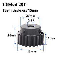 마이터기어 1.5M 20T 22T 24T 고주파 흑색 스퍼 기어 피니언 톱니 폭 15mm 1.5mod 랙 개 보어 6-20mm, 01 20 Teeth_09 10-4x1.8 keyway