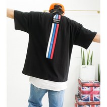 삼선국기 백프린팅 빅사이즈티 커플반팔 블루 블랙 화이트