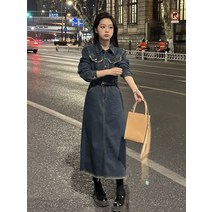 맥시 민소매 브이넥 트렌치 소라색 봄패션 오버롤 기본핏 블루 주름 데님 롱 원피스