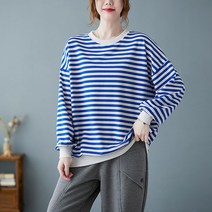 베러댓걸 여성용 봄 여름 가을 단가라 캐주얼 스트라이프 박시 베이직 라운드넥 맨투맨
