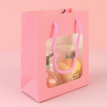 핑크 소 투명창쇼핑백 종이가방 손잡이종이봉투 꽂집 다회용백 선물용 튼튼한 답레품, 기본