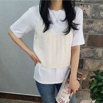 상상그이상 여성용 국내제작 머랭 뷔스티에 레이어드 니트조끼 귀욤 꽈배기 브이넥 데일리 베스트