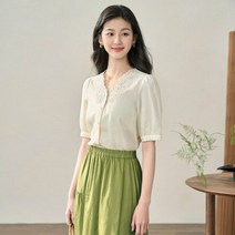 여성 반팔 블라우스 할로우 아웃 자수 브이넥 루즈 셔츠 패션 살구색 상의 가을