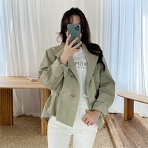 여자 백 프린팅 허리 스트링 하이넥 야상 자켓