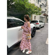 핑크 꽃 긴팔 드레스 오프숄더 원피스