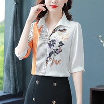 중년 엄마룩 쉬폰 블라우스 여양기 고급스러운 플라워 배 커버 미디엄 슬리브