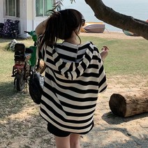 [바니드] 여성 빅사이즈 스트라이프 후드 캐주얼 느슨한 줄무늬 반팔티 0751