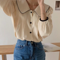 데이홀릭 여성용 가을 긴팔 둥근카라 벌룬소매 블라우스