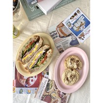 쁘띠로망 긴 도자기 오발 타원접시 신혼 무광 디저트 브런치 마카롱 인스타 감성 플레이트, 핑크