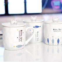 뚜껑있는 고양이 머그컵 잔 귀여운 예쁜 도자기 커플찻잔, 여러마리스탠드물고기