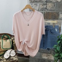 상상그이상 여성용 브이넥 펄 티셔츠 반짝이는 루즈핏 반팔니트 신축성 좋은 편안한 데일리 캐주얼 부드러운 파스텔니트