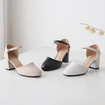 둥근코 사이드오픈 메리제인 발목 스트랩 폭신한 미들굽 슈즈 구두 힐 6cm