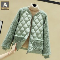 ANYOU 쇼트 패치워크 램스울 패딩 여성 퀼팅자켓 추동 도톰 패딩 박시 패딩 점퍼