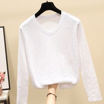 슬라브티셔츠 여성의류 전문점 철수함 캐비닛의 꼬리 부분 화물 봄가을 브이넥 솔리드 무지 긴 소매 면슬랍 2428971505