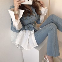 K.ONLINE SHOP셔츠 패치워크 투웨이 스트링 데님 코트 트위드자켓 청자켓 가죽자켓