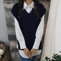 상상그이상 여성용 국내제작 하찌 트임 니트조끼 부드러운 필수 블라우스 코디세트 보풀 없는 캡소매 루즈핏 레이어드 가성비 좋은 브이넥 베스트 조끼세트 사계절 데일리템