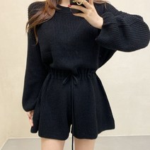 [랜덤플레이] 라운드넥 밴딩 니트 와이드 점프수트