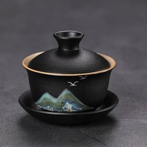[공방상점] 검은 도자기 대형 가정용 그릇 거친 도자기 차 컵 세라믹 차 세트, 산수무늬 흑개완 단품
