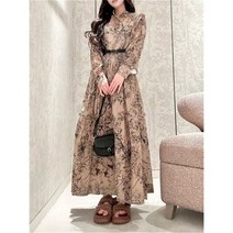 [케이로] 297525 Yitimuceng 여성용 빈티지 프린트 드레스 세트 우아한 긴팔 캐주얼 셔츠 하이웨이스트 A 라인 롱 스커트 2 피스
