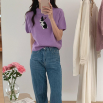 데이홀릭 여성 까망토끼 소프트 반팔니트 라운드넥