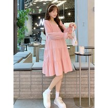 가을 여성 핑크 프릴 루즈핏 긴팔 임부복 핑크 스퀘어넥 빅사이즈 미디엄 쉬폰 원피스
