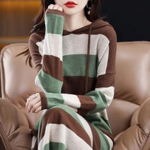 패션고리 여성 줄무늬 빅사이즈 롱 후드 원피스 N1045