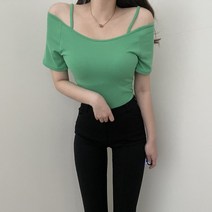 VANANA2 여성 타이트핏 오프숄더 끈 무지 반팔티셔츠
