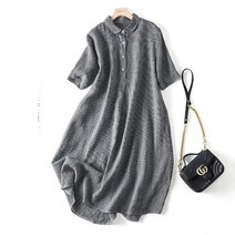 엔티랄라 체크 반팔 원피스 면 마 원피스 리넨 원피스 여름 얇은 원피스 빅 사이즈 원피스 루즈핏 원피스 편안한 통기성이 좋은 순면 원피스